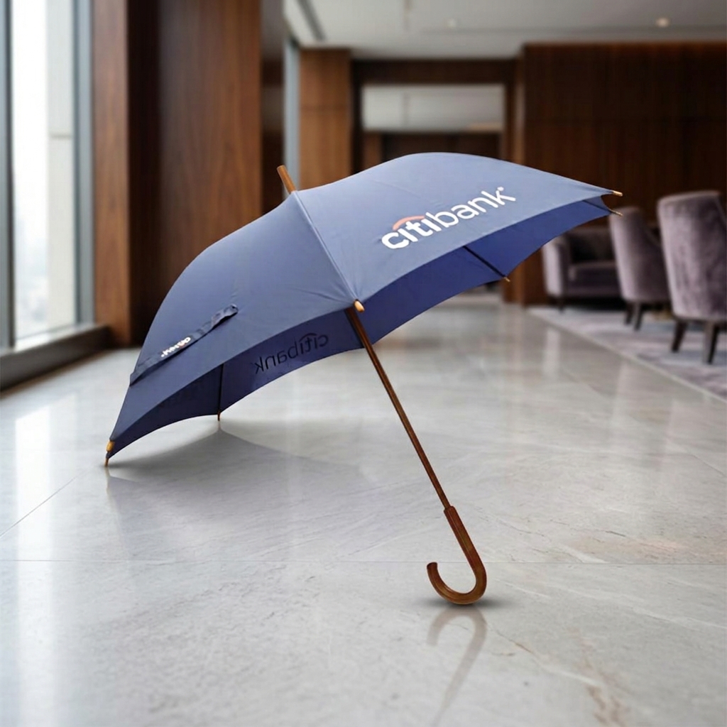 Citibank Navy Blue Straight Umbrella with Wood Handle | Premium Corporate Branding Asset