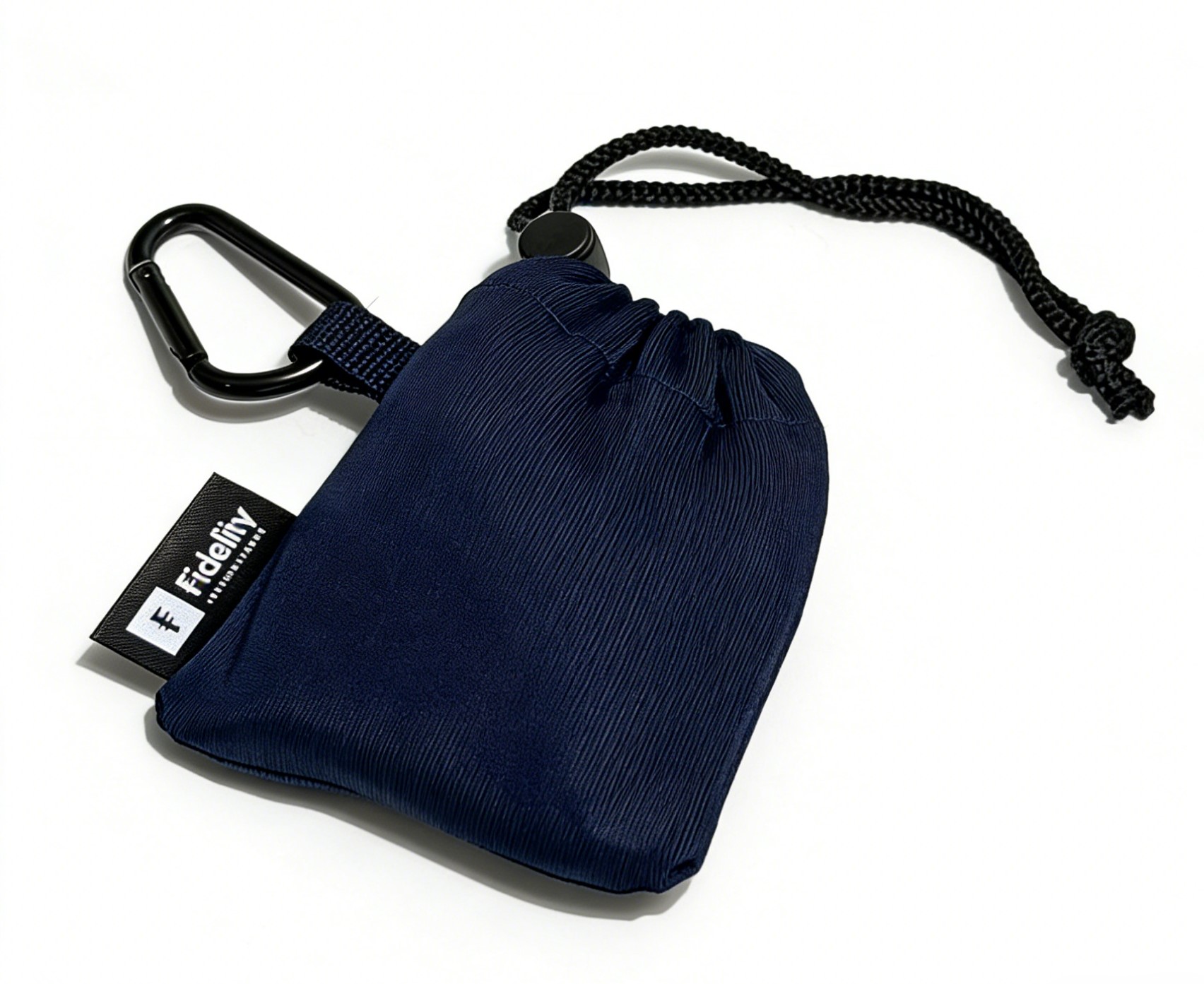 Foldable shopping bag with a drawstring pouch and a carabiner