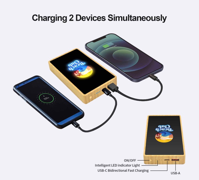 竹製行動電源帶有全彩 LED 發光標誌印刷